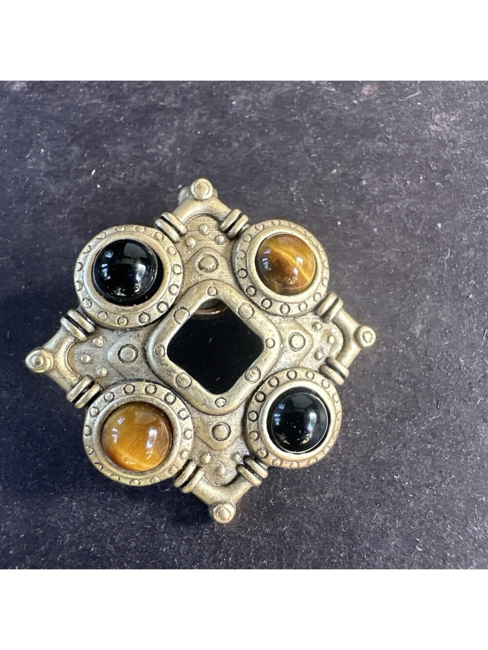 Premier Designs Vintage Brooch Tiger Eye Style Black Cabochon Gold Tone Pin